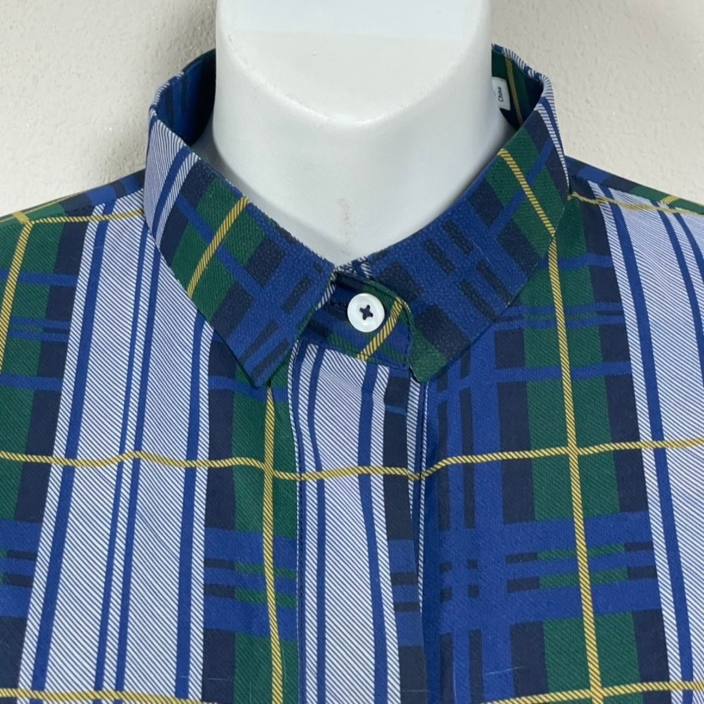Gretchen Scott Shirt Dress L Blue Green Dark Academia Modest Plaid Belted Pocket - Picture 4 of 12